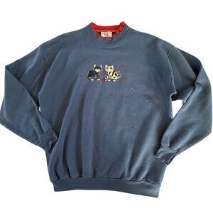 Top stitch navy blue kitty cat embroidered crewneck sweatshirt